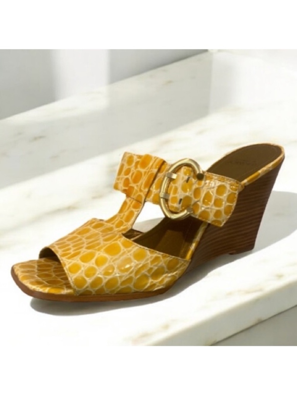 Joan & David Yellow Wedge Sandals with Peep-Toe Design